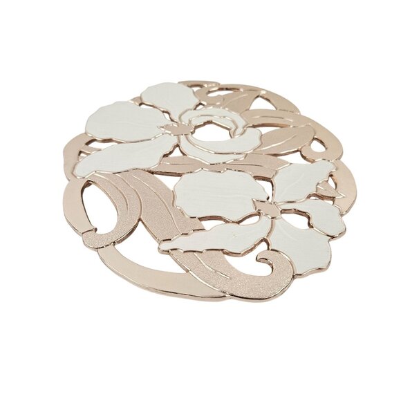 Wm A Rogers Rose Gold White Enamel Floral Trivet Iris Vintage Wall Hanging - Picture 8 of 11